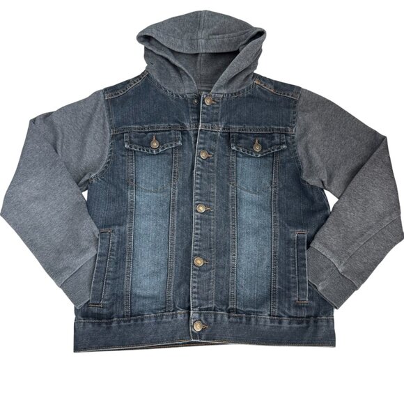 Ring of Fire Hooded Denim Jacket Trucker Streetwear Layered Gray Hoodie Boys XL - Picture 3 of 9